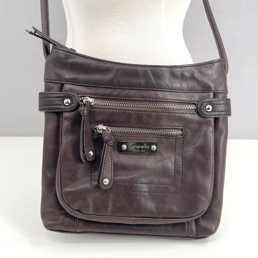 Tignanello Womens Crossbody Bag Dark Brown Leather Multi-Pocket Small-Medium